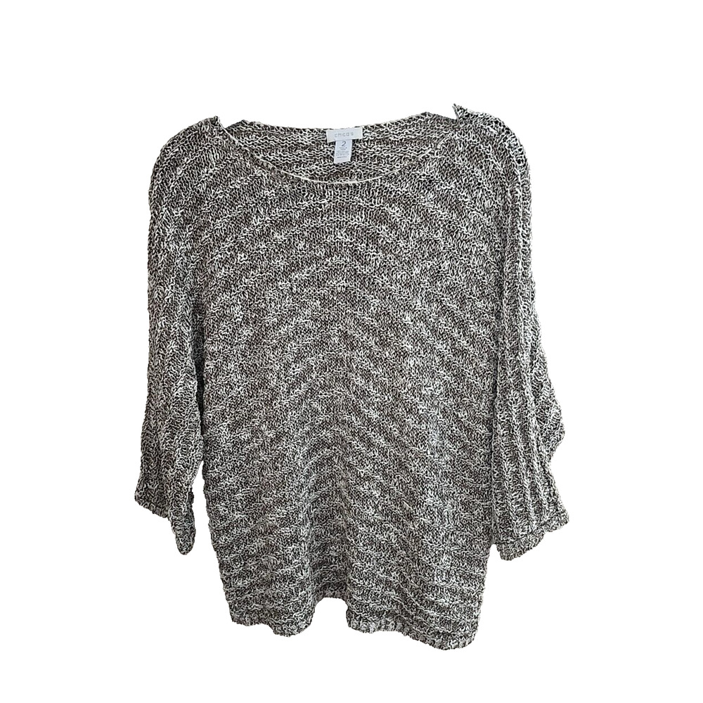 Chico’s Gray Metallic Knit Scoop Neck 3/4 Sleeve Pullover Sweater Woman Sz‎ 2 LG